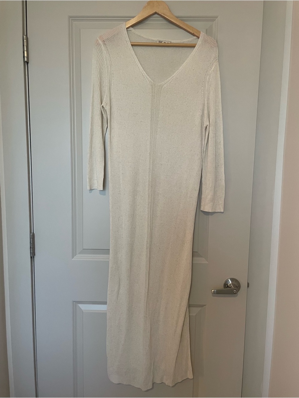 SMF Cream V-Neck Maxi Dress - Long Sleeve Knit